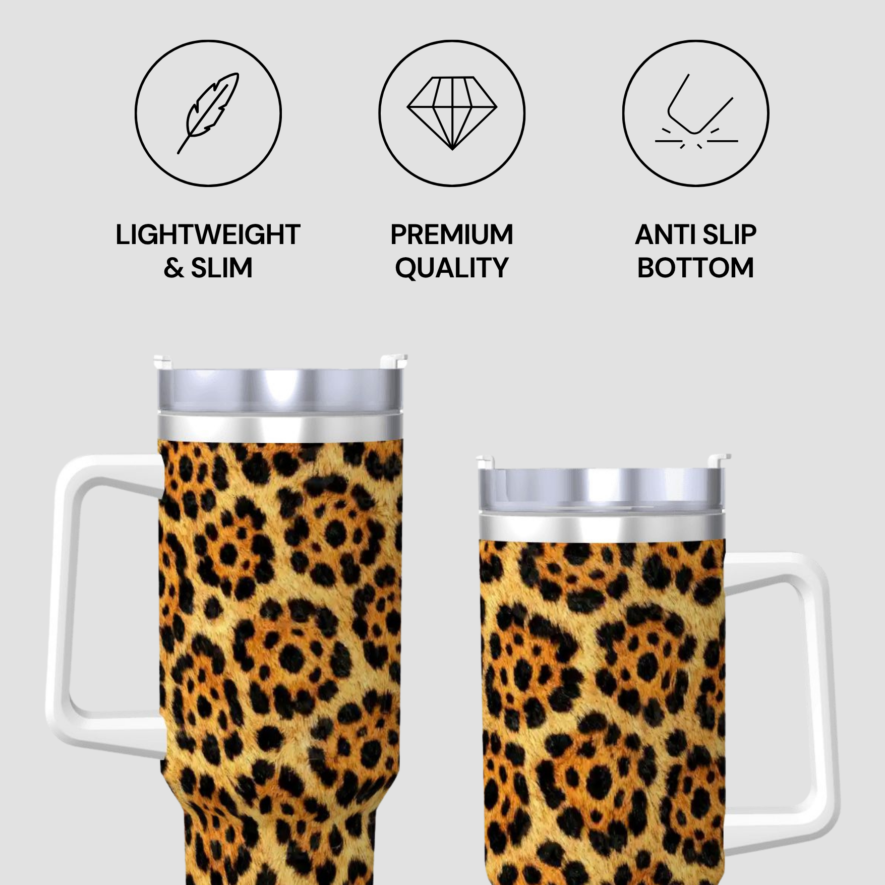 Two leopard print tumblers with metallic lids on a light gray background, featuring icons and text about product features.