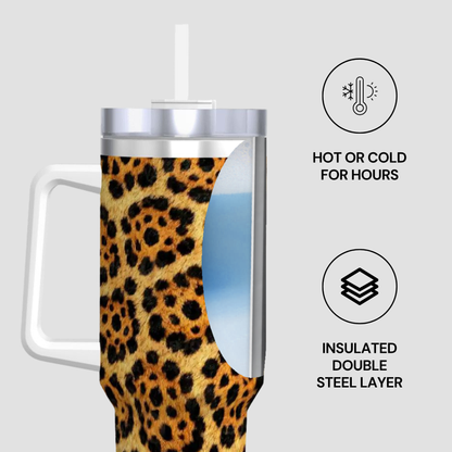 Tumbler with leopard print design on a white background