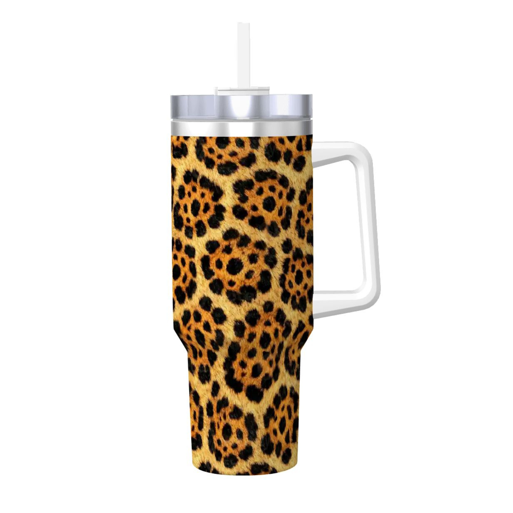 Tumbler with leopard print design and white handle on a white background