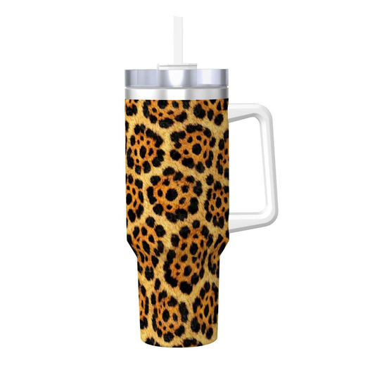 Tumbler with leopard print design and white handle on a white background