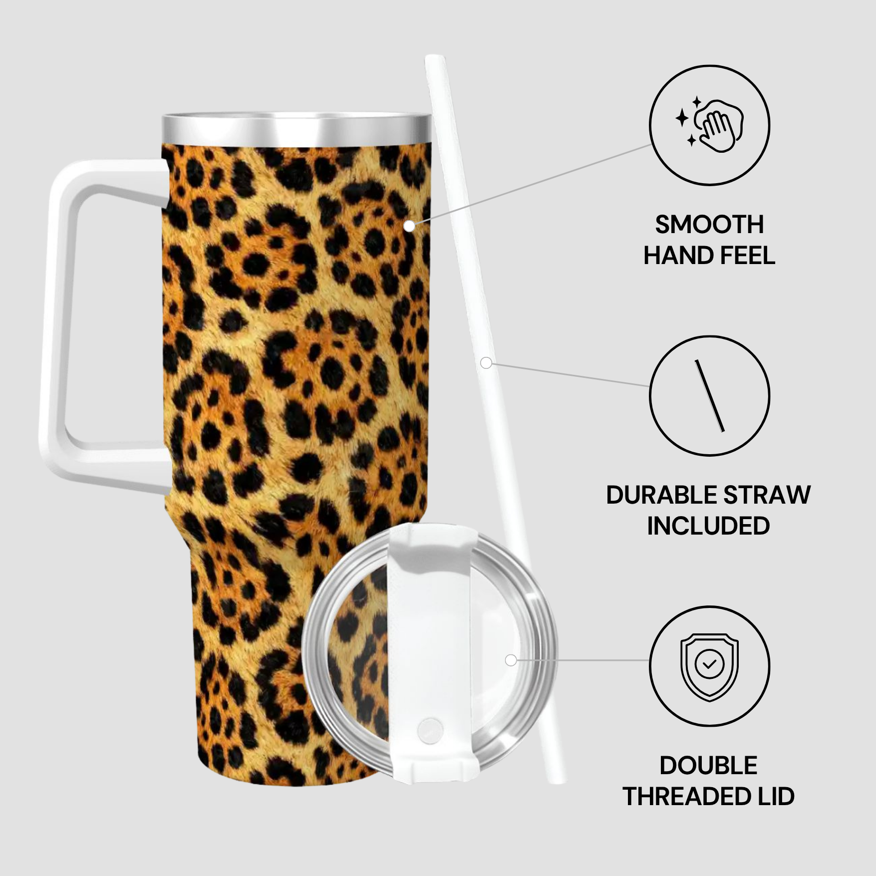 Leopard print travel mug with straw and lid on a light gray background