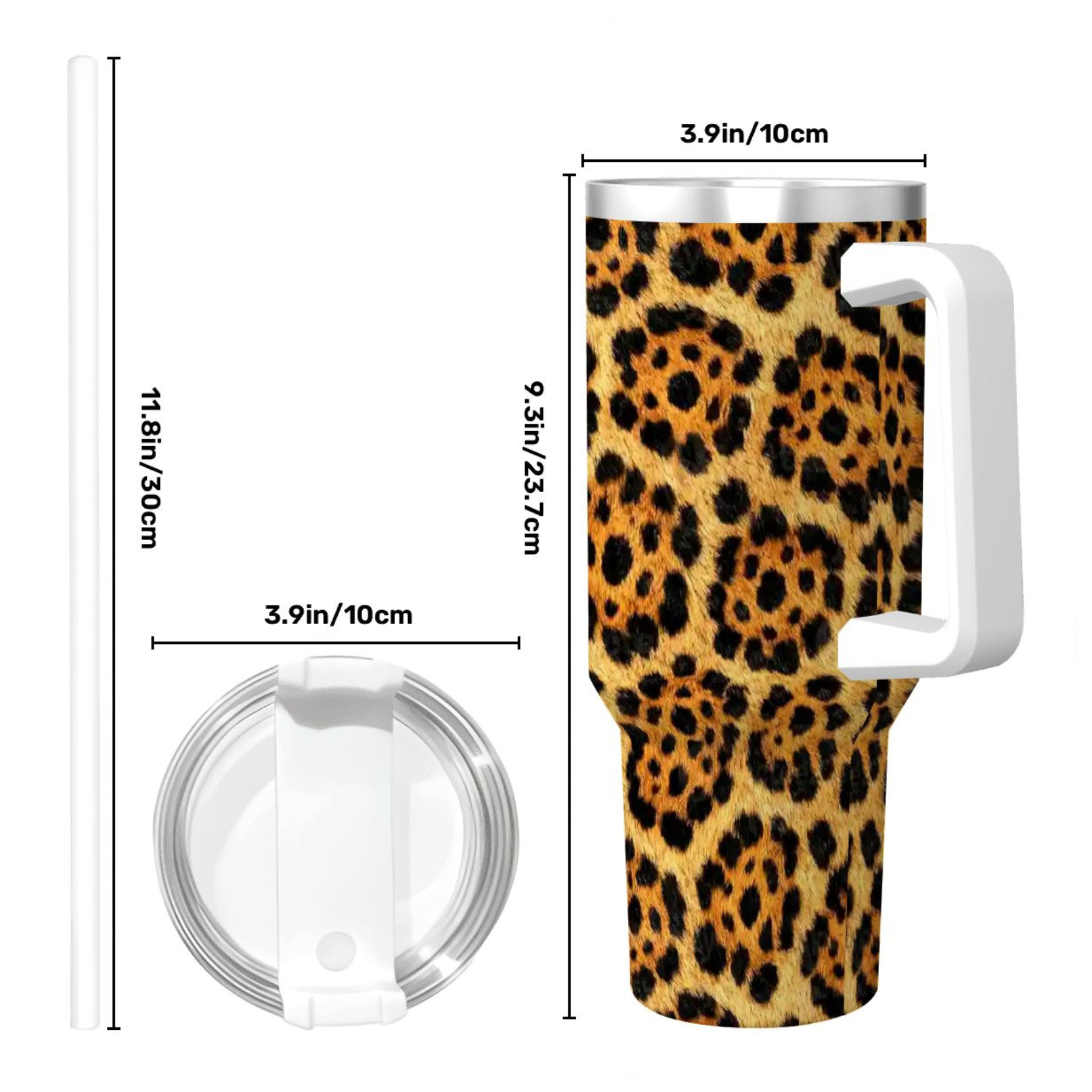 Leopard print tumbler with measurements on a white background