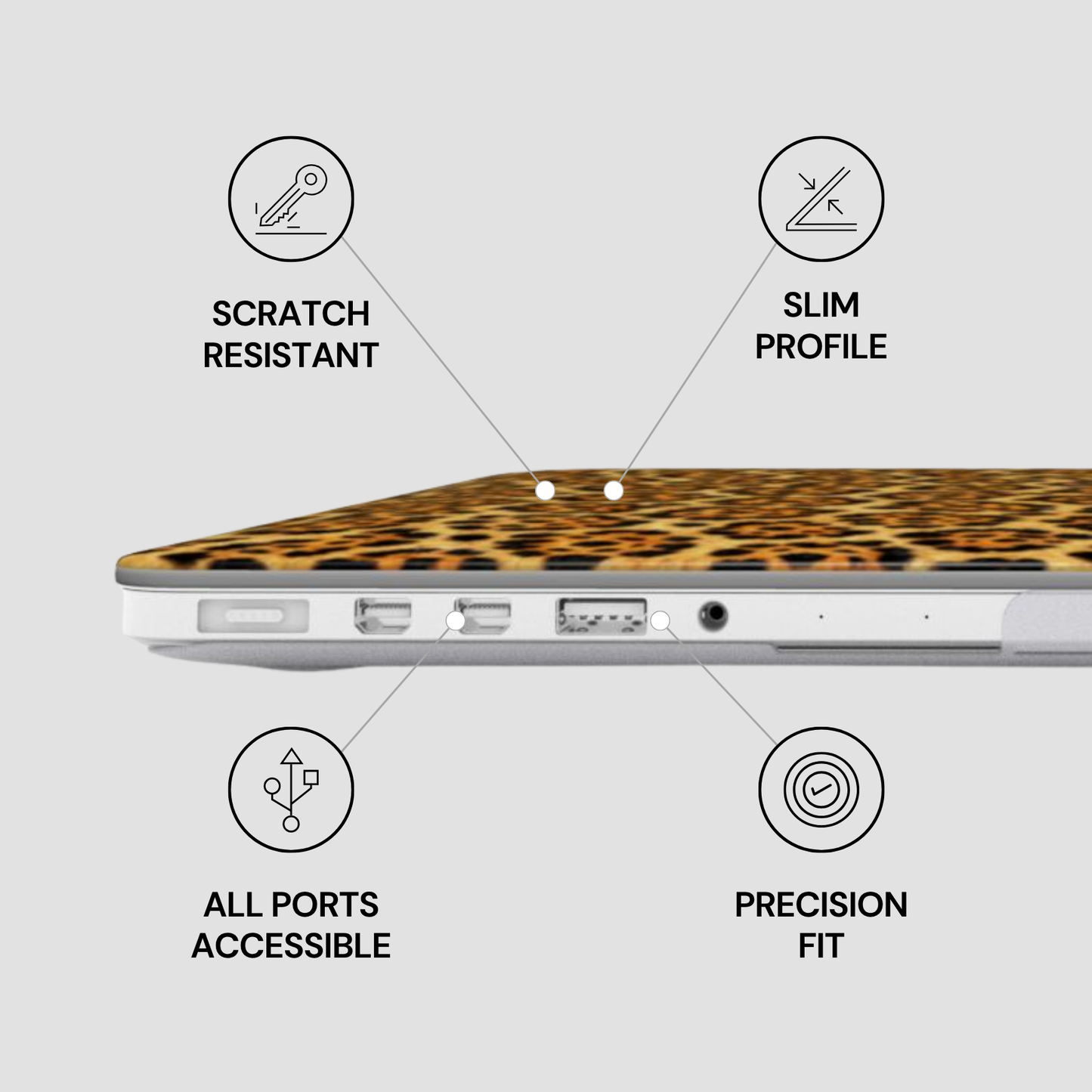 Laptop with leopard print skin and feature icons on a gray background