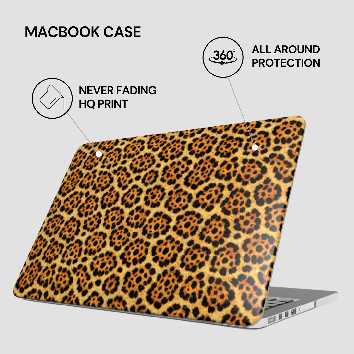 Leopard print MacBook case with features highlighted on a light gray background