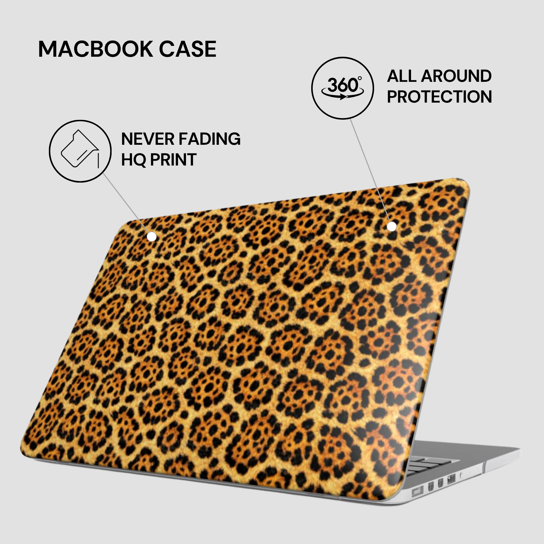 Leopard print MacBook case with features highlighted on a light gray background