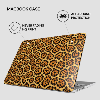 Leopard print MacBook case with features highlighted on a light gray background