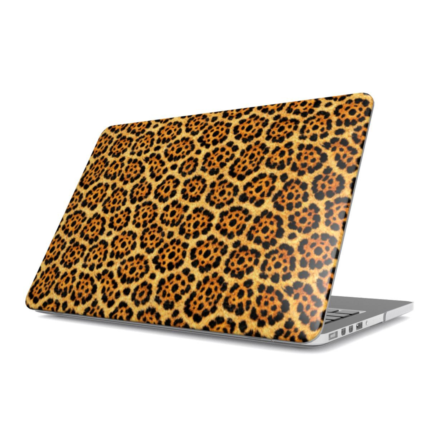 Laptop with a leopard print cover on a white background