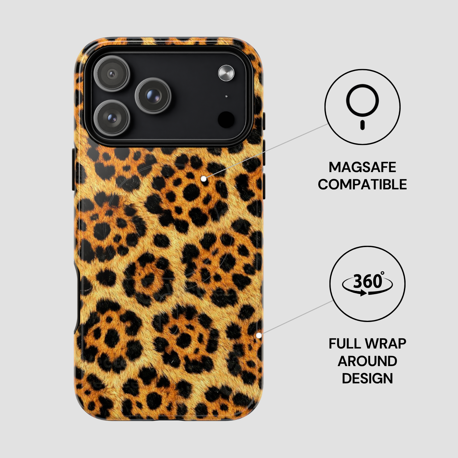 Leopard print phone case with Magsafe compatibility and 360-degree wrap design on a gray background