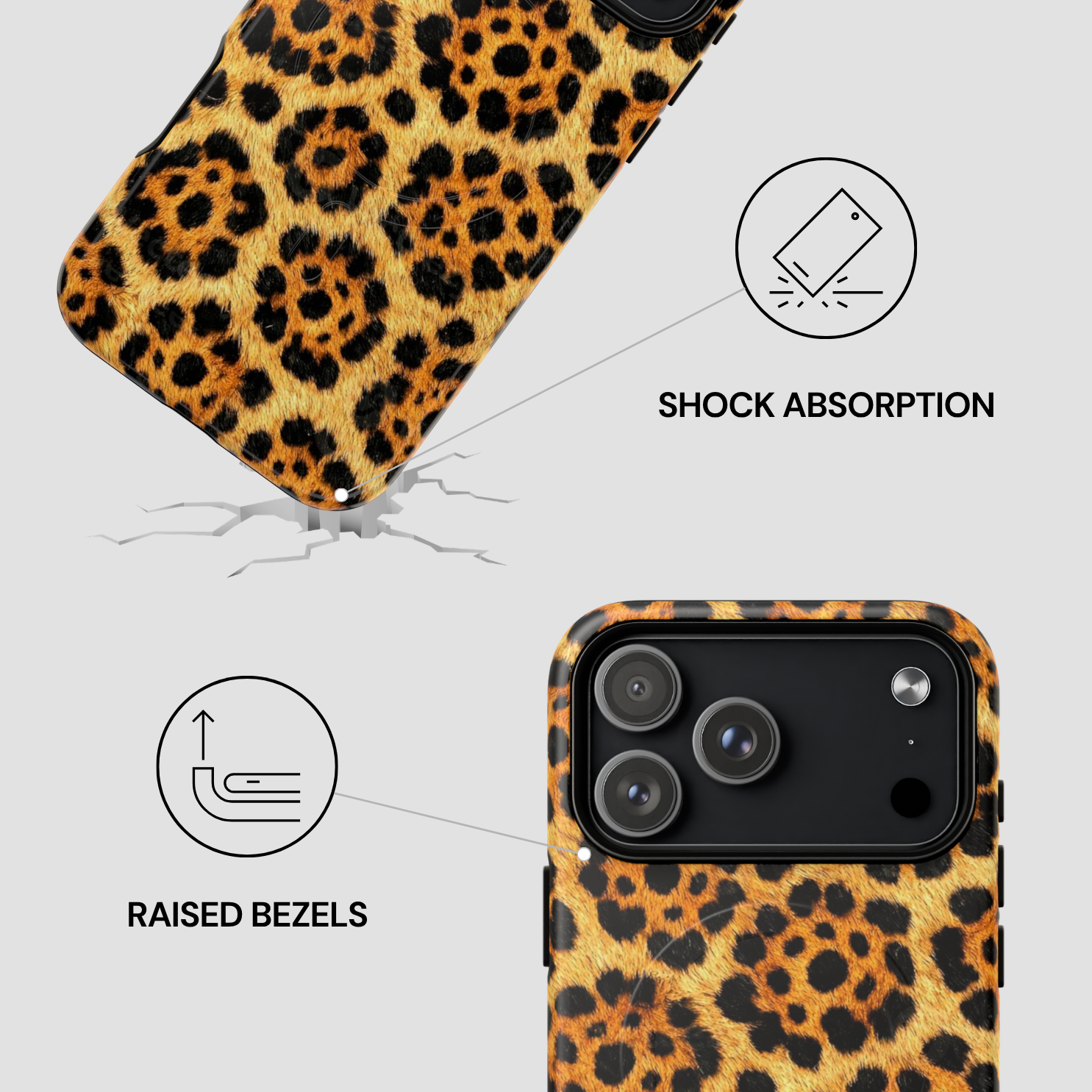 Leopard print phone case with shock absorption and raised bezels features on a white background