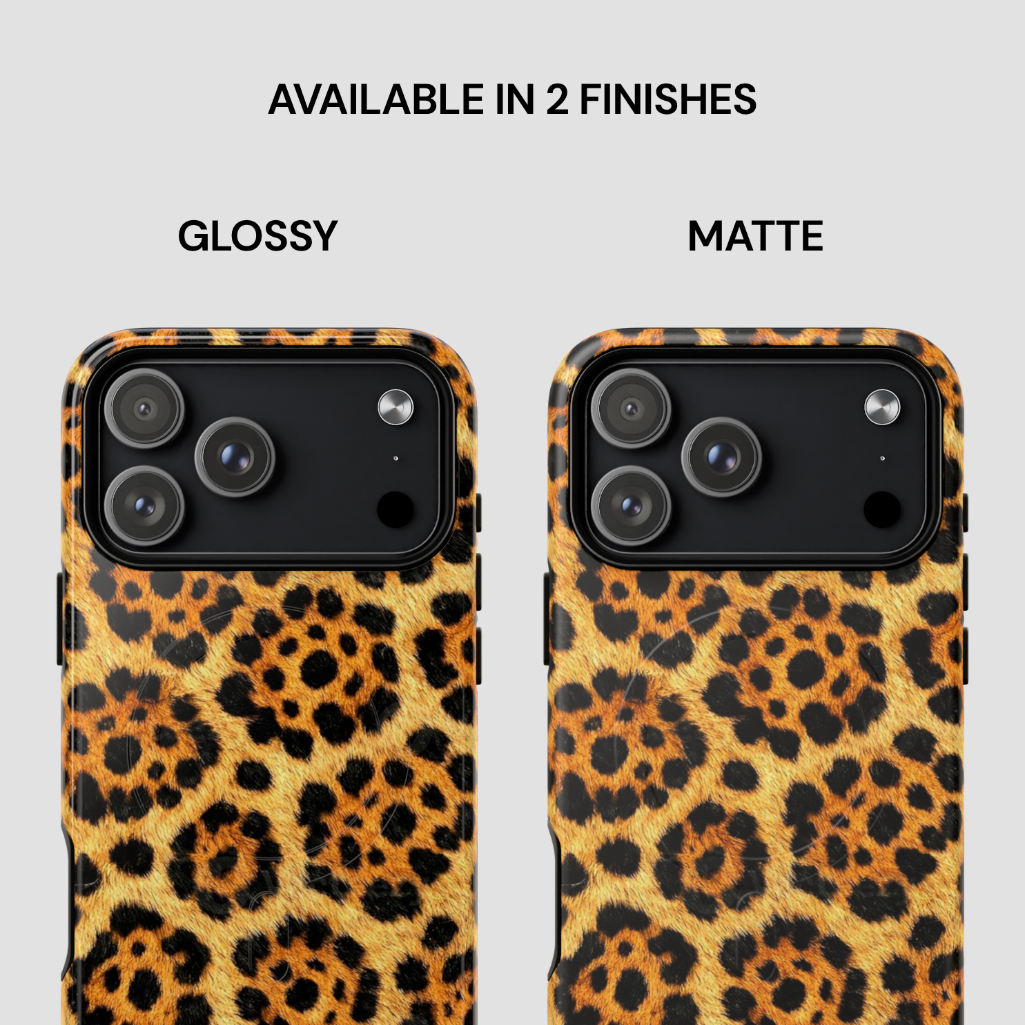 Leopard print phone case with glossy and matte finishes on a light gray background