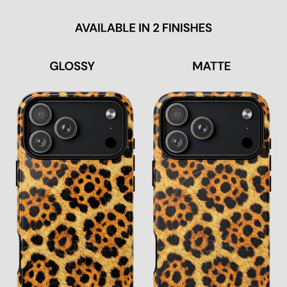 Leopard print phone case with glossy and matte finishes on a light gray background