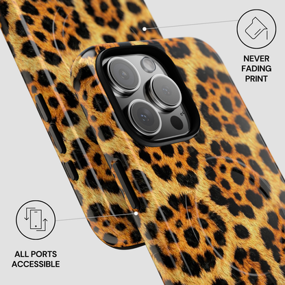 Leopard print phone case with camera and port accessibility features on a light gray background