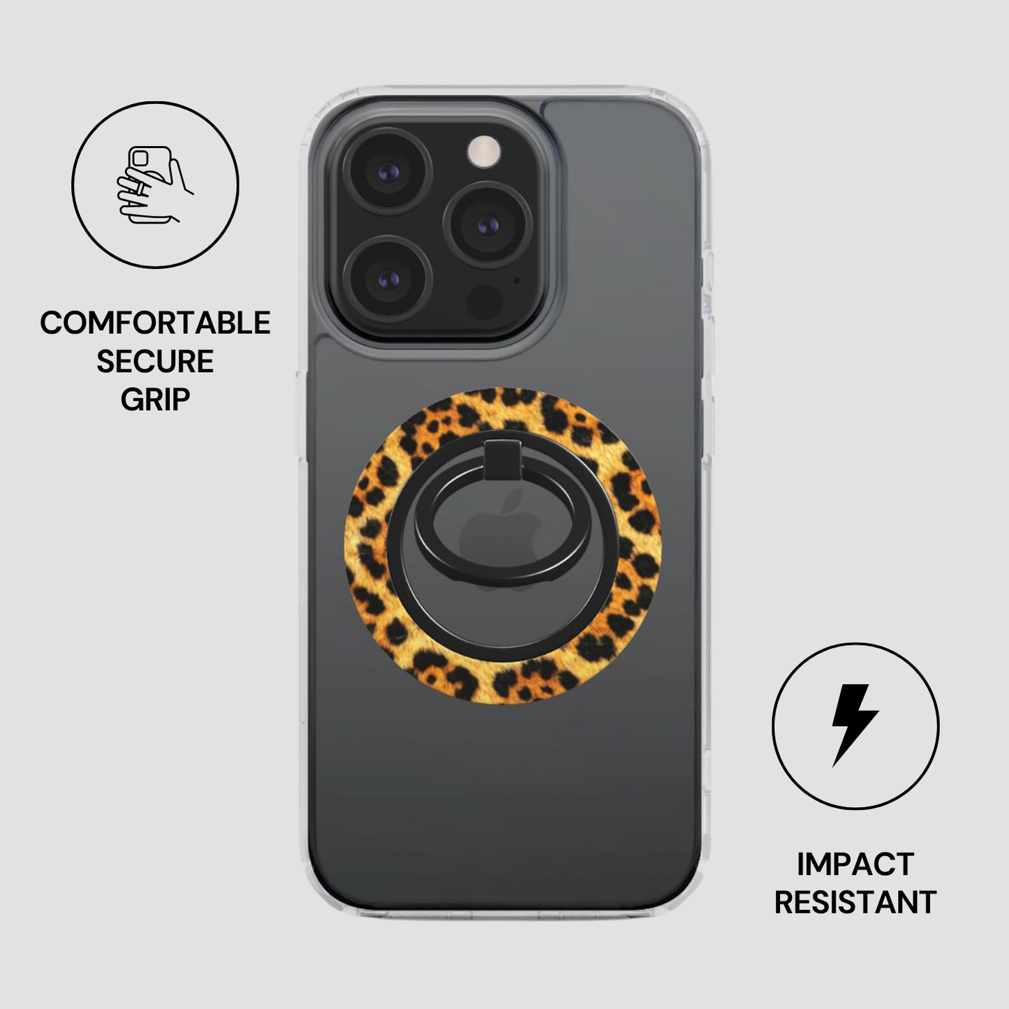 Phone case with leopard print ring holder on a gray background