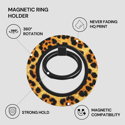 Leopard print magnetic ring holder with features listed on a gray background