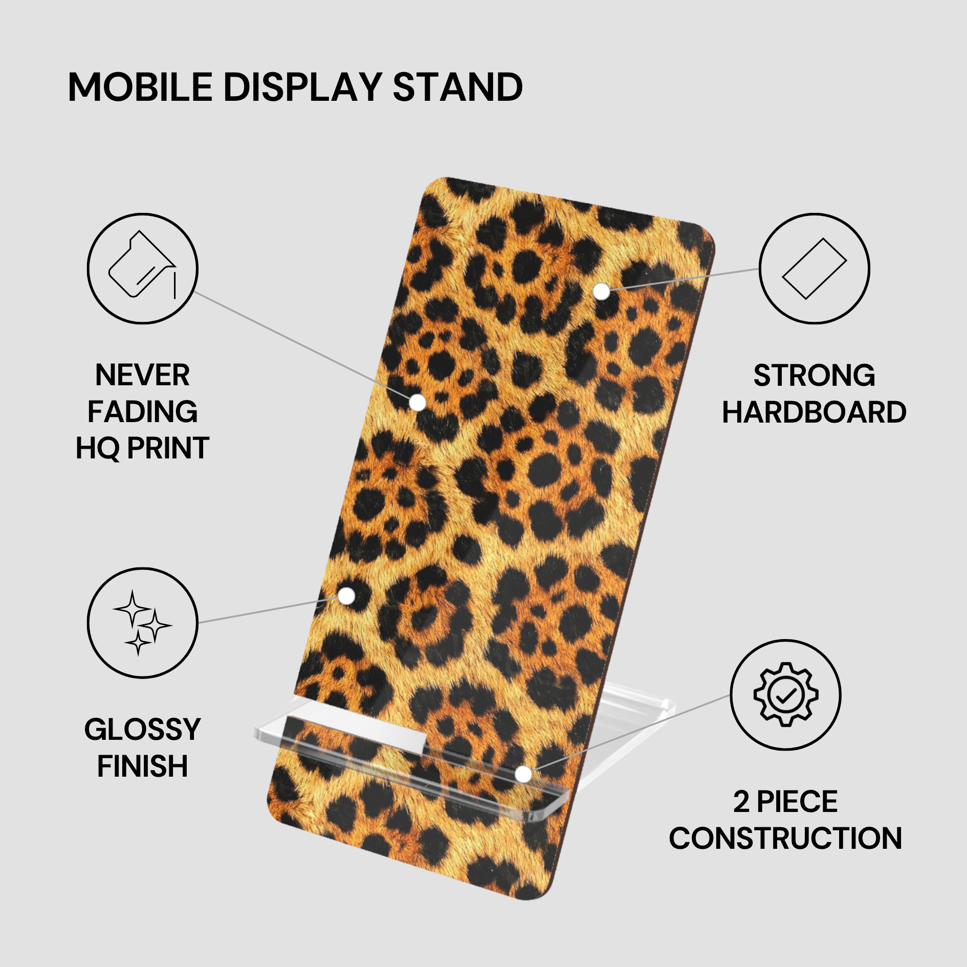Leopard print mobile display stand with features listed on a gray background