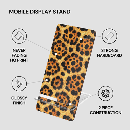 Leopard print mobile display stand with features listed on a gray background