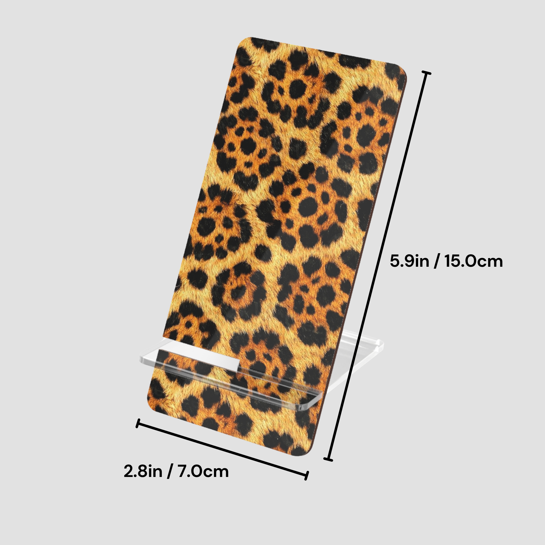 Leopard print phone case with dimensions on a gray background