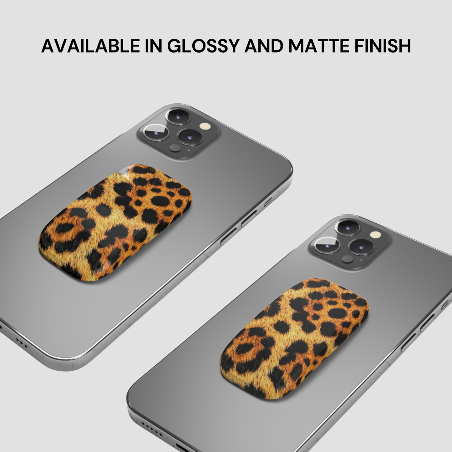 Two smartphones with leopard print cases on a light gray background
