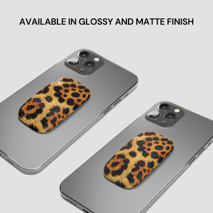 Two smartphones with leopard print cases on a light gray background