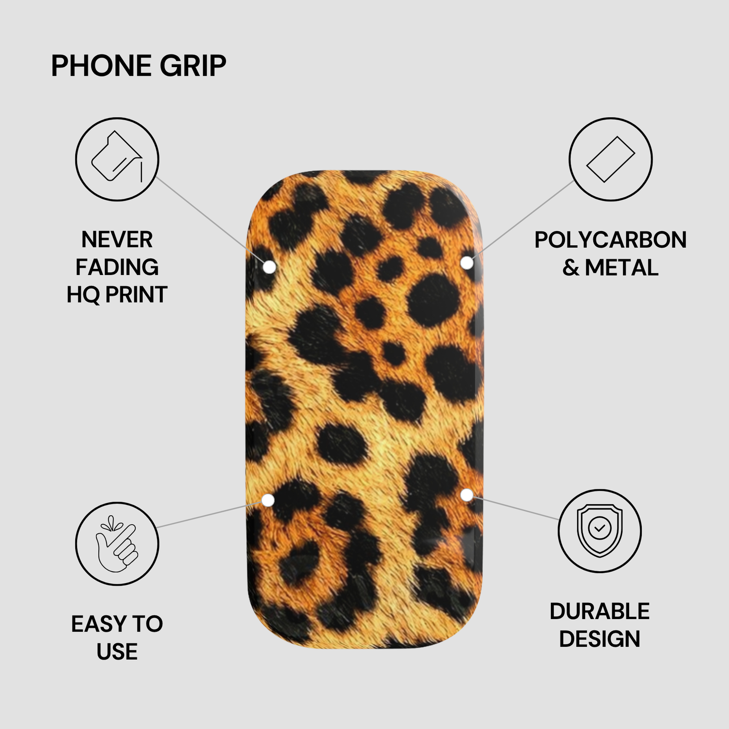 Leopard print phone grip with features listed on a gray background