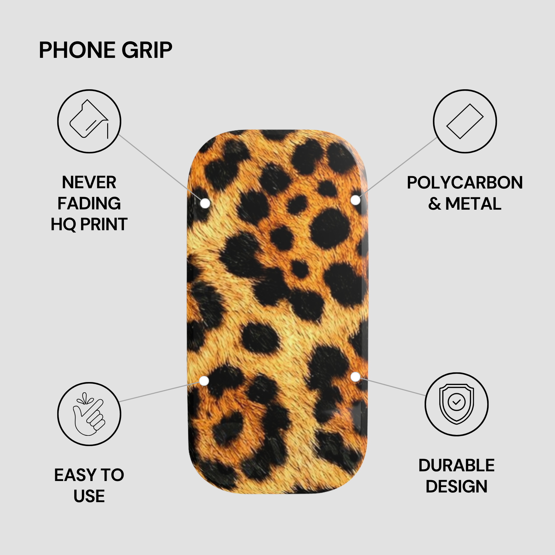 Leopard print phone grip with features listed on a gray background