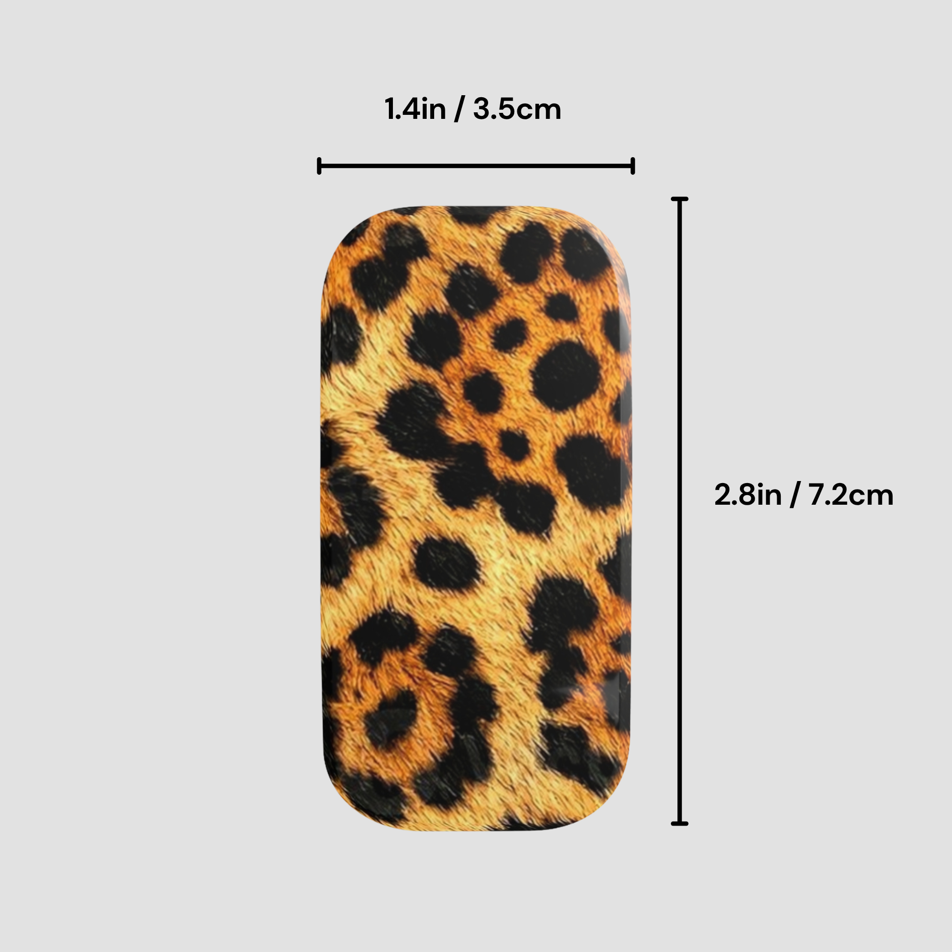 Leopard print phone case with measurements on a gray background