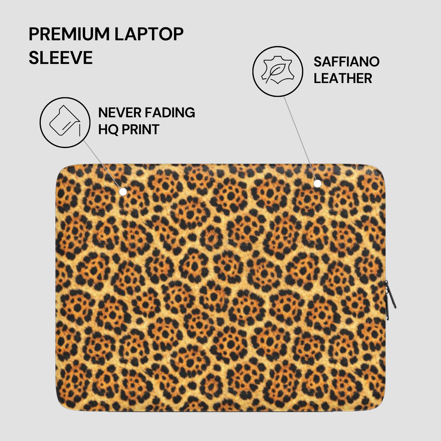 Leopard print laptop sleeve with text highlighting features on a light gray background
