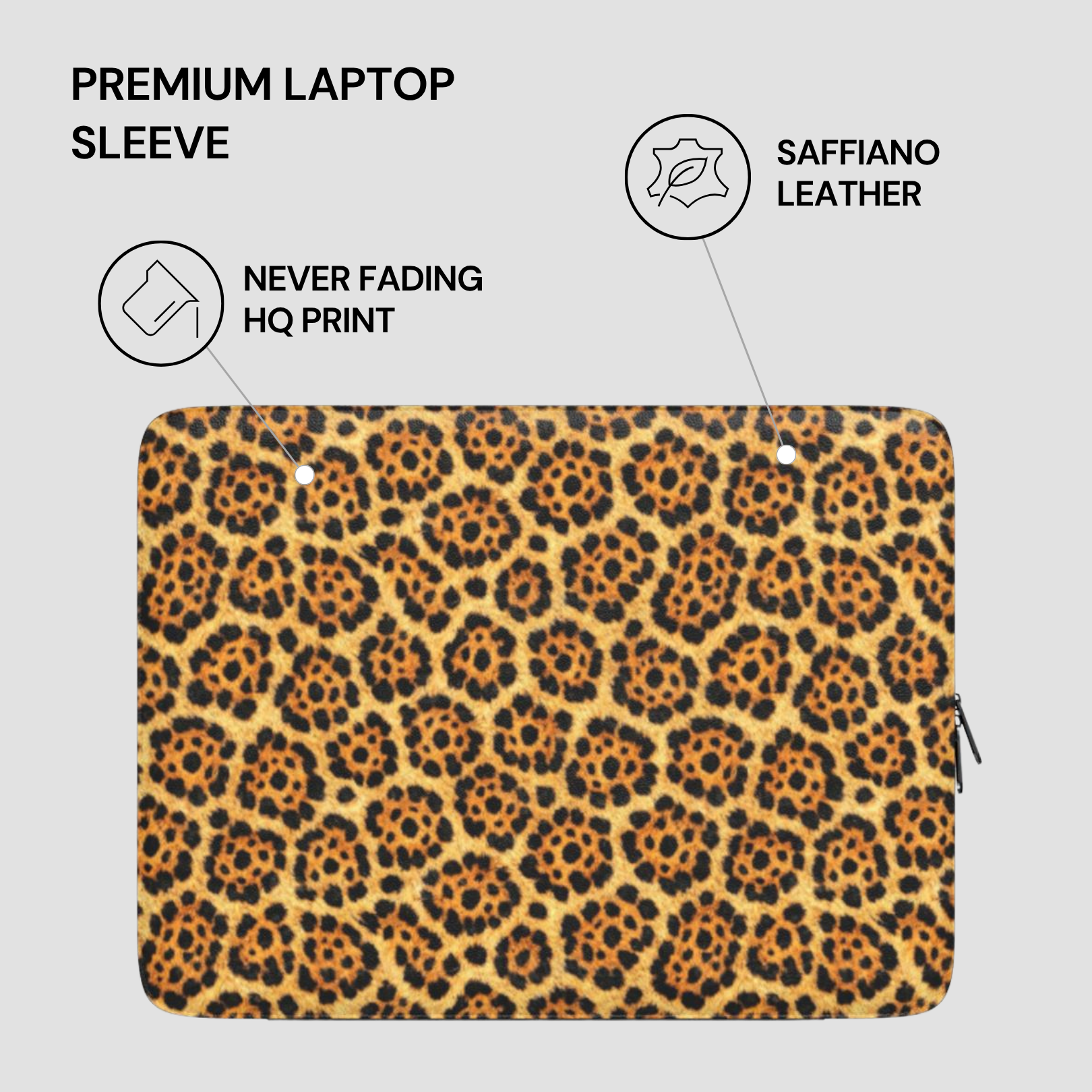 Leopard print laptop sleeve with text highlighting features on a light gray background