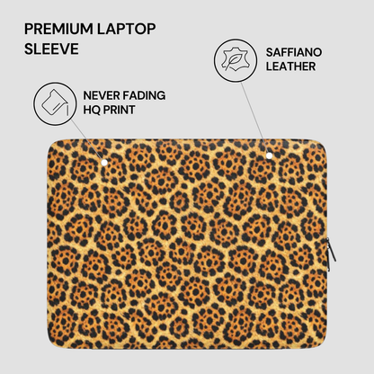 Leopard print laptop sleeve with text highlighting features on a light gray background