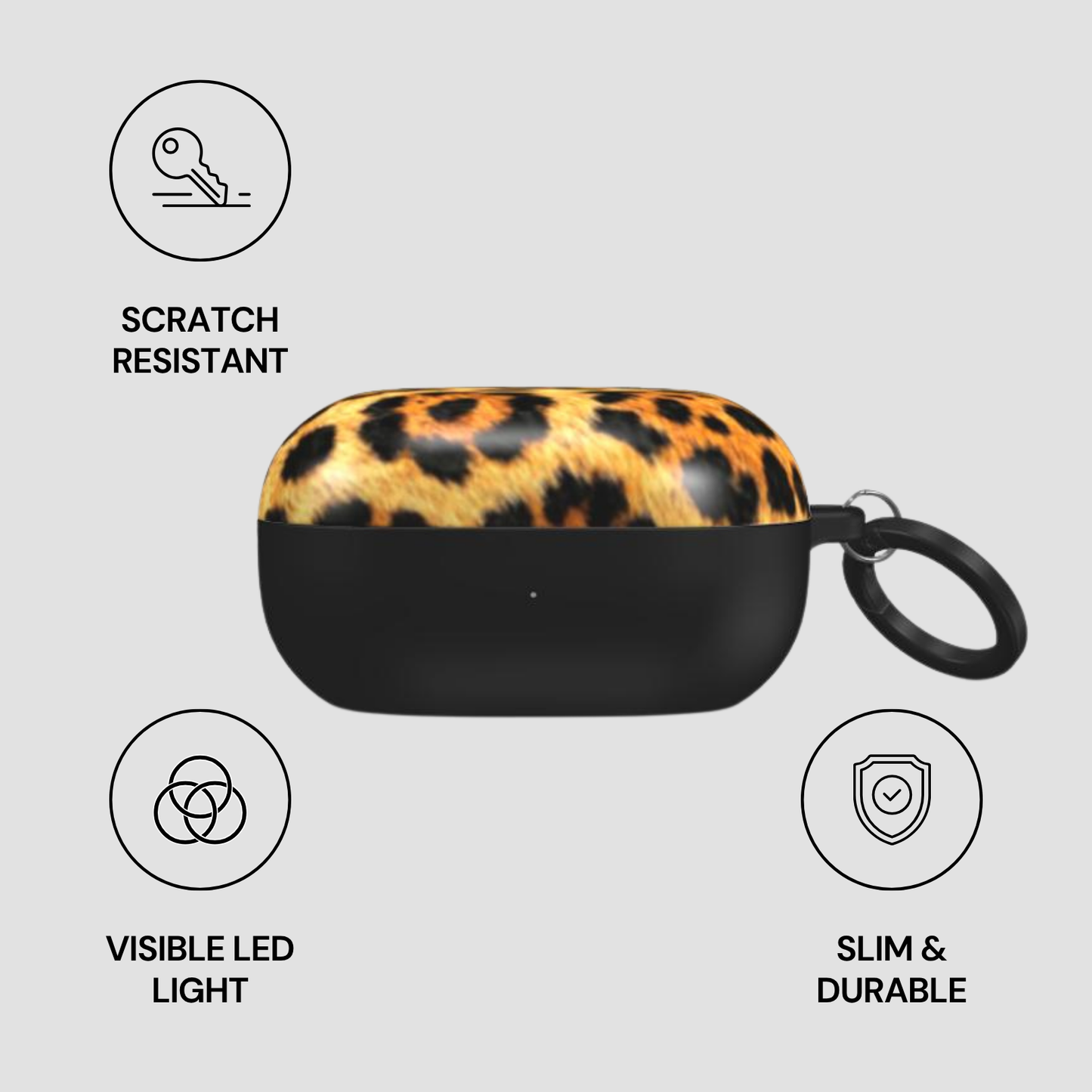 Leopard print case with black accents on a gray background, featuring scratch-resistant, visible LED light, slim, and durable attributes.