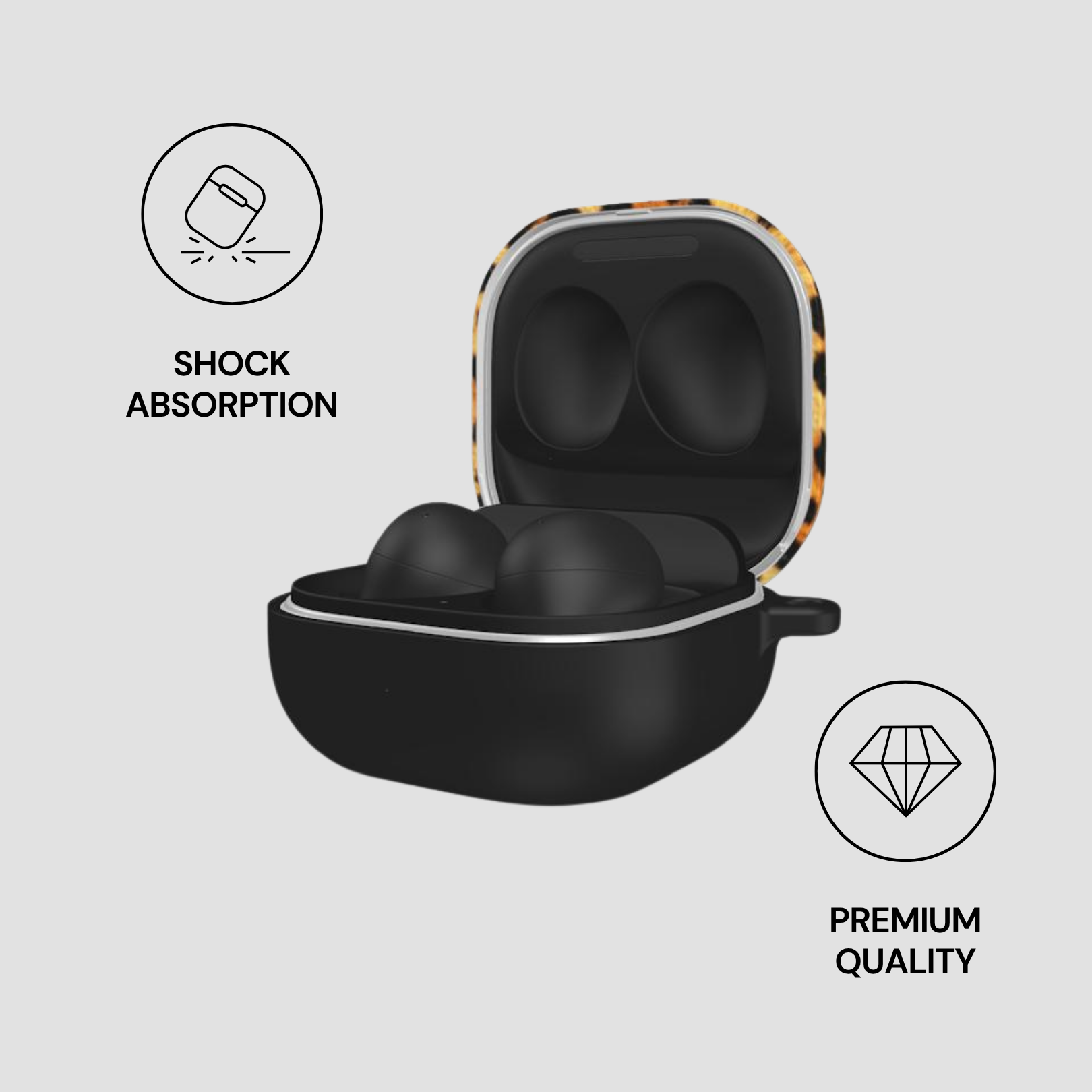 Black earbud case with colorful pattern on a white background, featuring icons for shock absorption and premium quality.