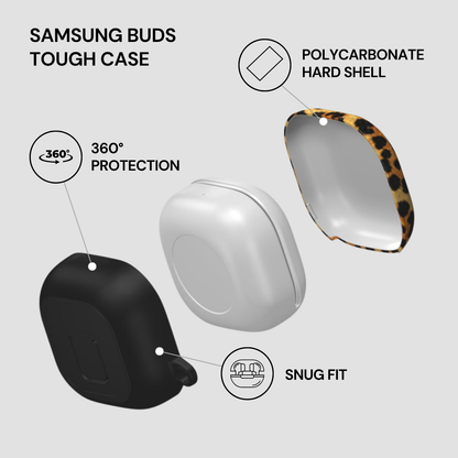 Samsung Buds Tough Case with features highlighted on a light gray background