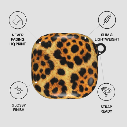 Leopard print case with features listed on a gray background