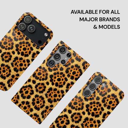 Leopard print phone cases on a light gray background with text 'Available for all major brands & models'.
