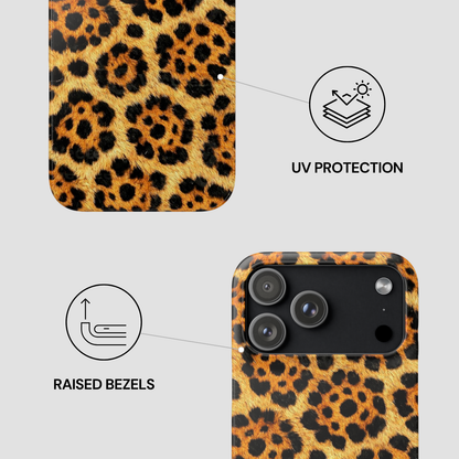 Leopard print phone case with UV protection and raised bezels features on a light gray background