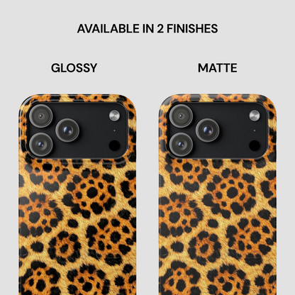 Two phone cases with leopard print pattern, one glossy and one matte, on a light gray background.