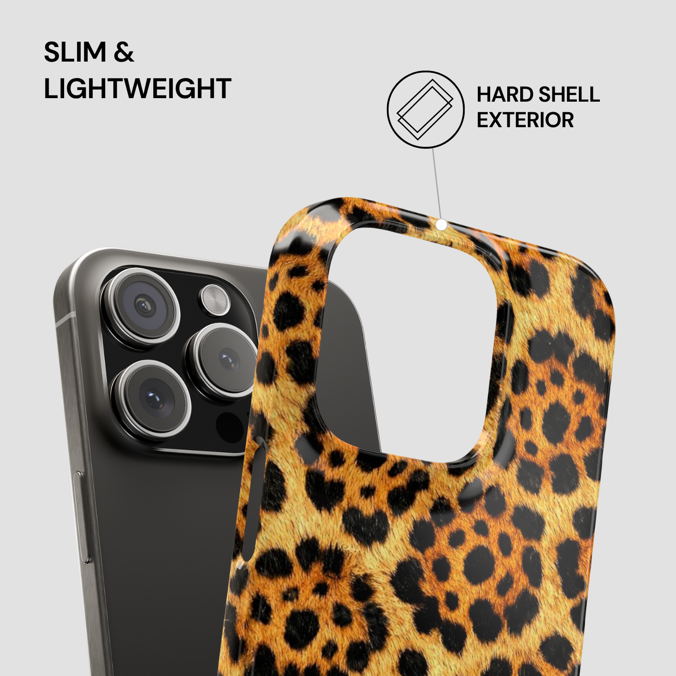 Leopard print phone case with smartphone on a gray background