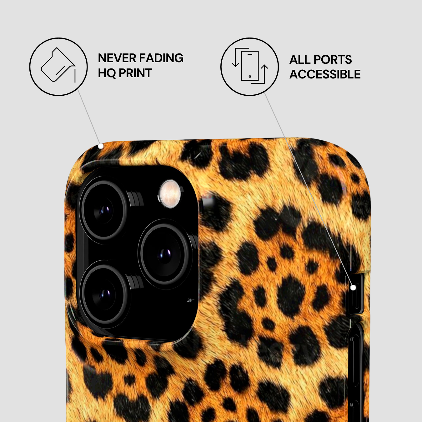 Leopard print phone case with accessibility features on a gray background