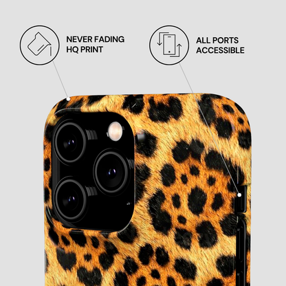 Leopard print phone case with accessibility features on a gray background