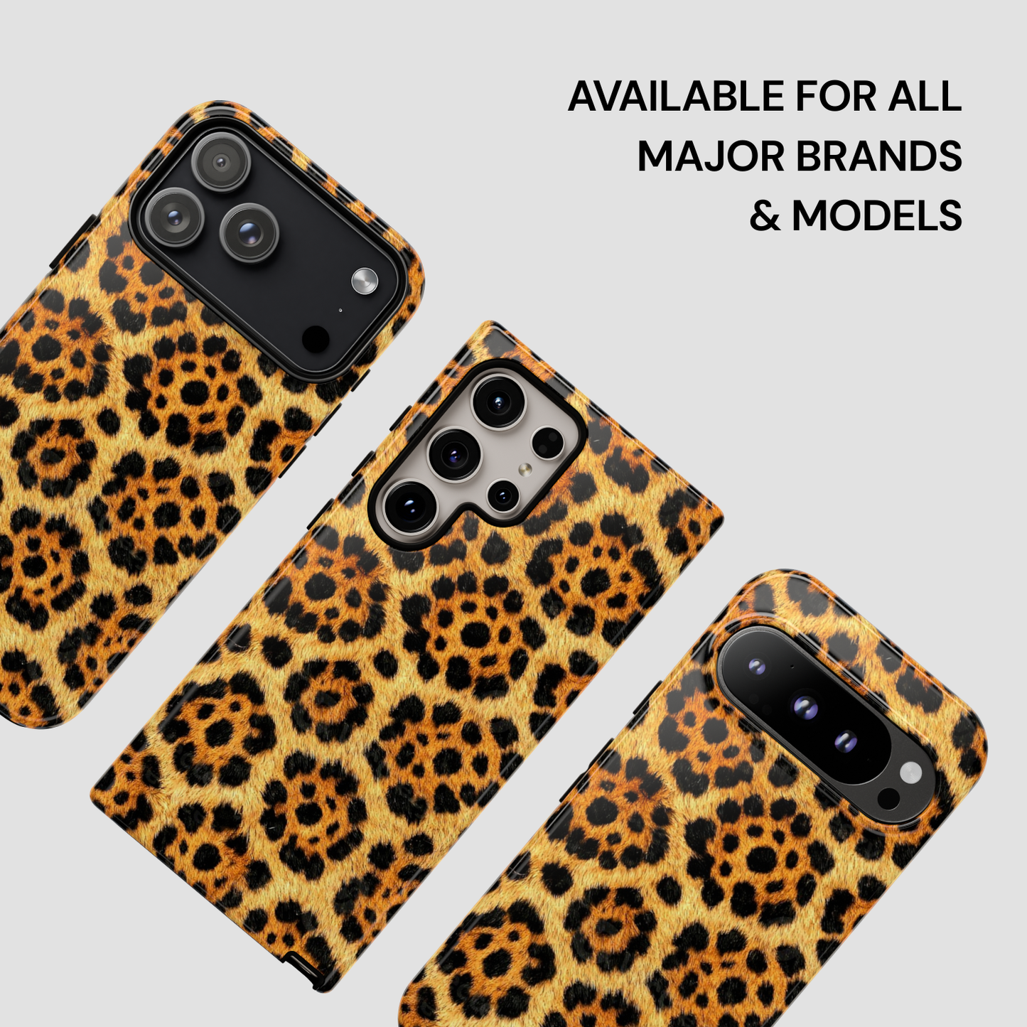 Leopard print phone cases on a light gray background with text indicating compatibility.