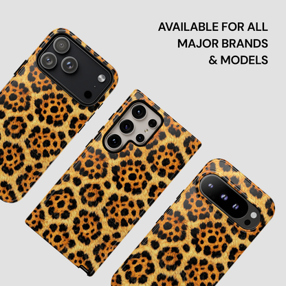 Leopard print phone cases on a light gray background with text indicating compatibility.