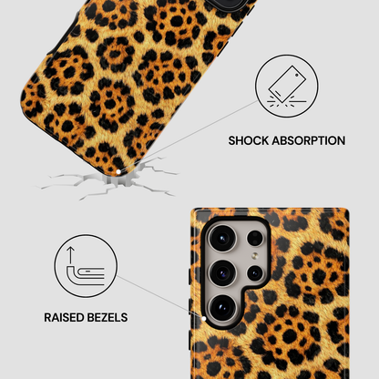 Leopard print phone case with shock absorption and raised bezels features on a light gray background