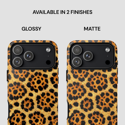 Leopard print phone case with glossy and matte finishes on a gray background