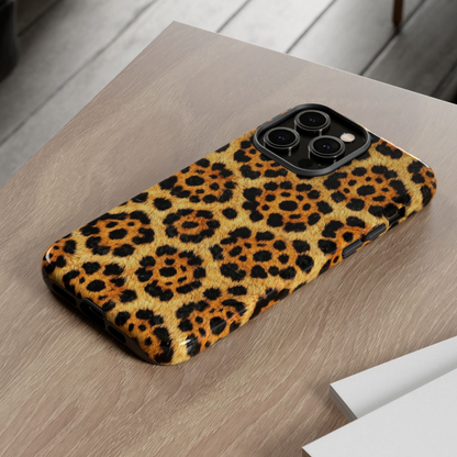 Leopard print phone case on a wooden surface