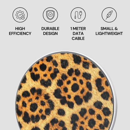 Leopard print product with icons and text on a gray background