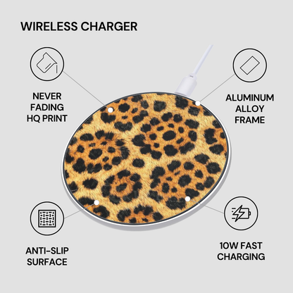 Leopard print wireless charger with features listed on a gray background