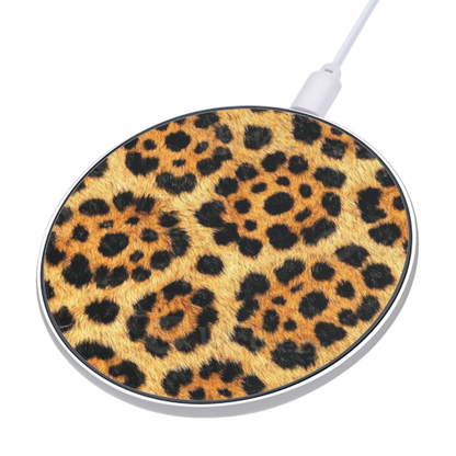 Round wireless charging pad with leopard print design on a white background