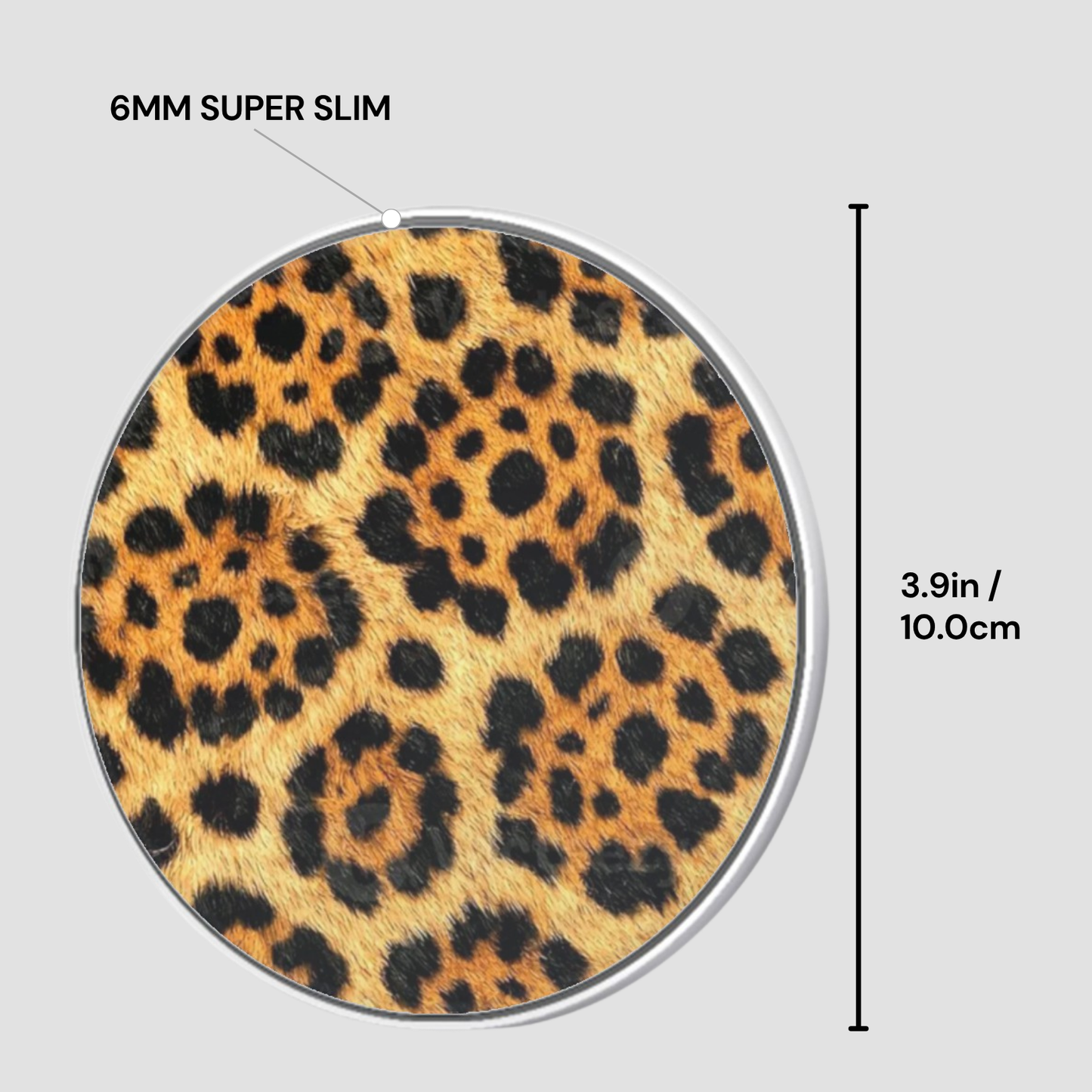 Round leopard print product with 6mm thickness and dimensions on a gray background