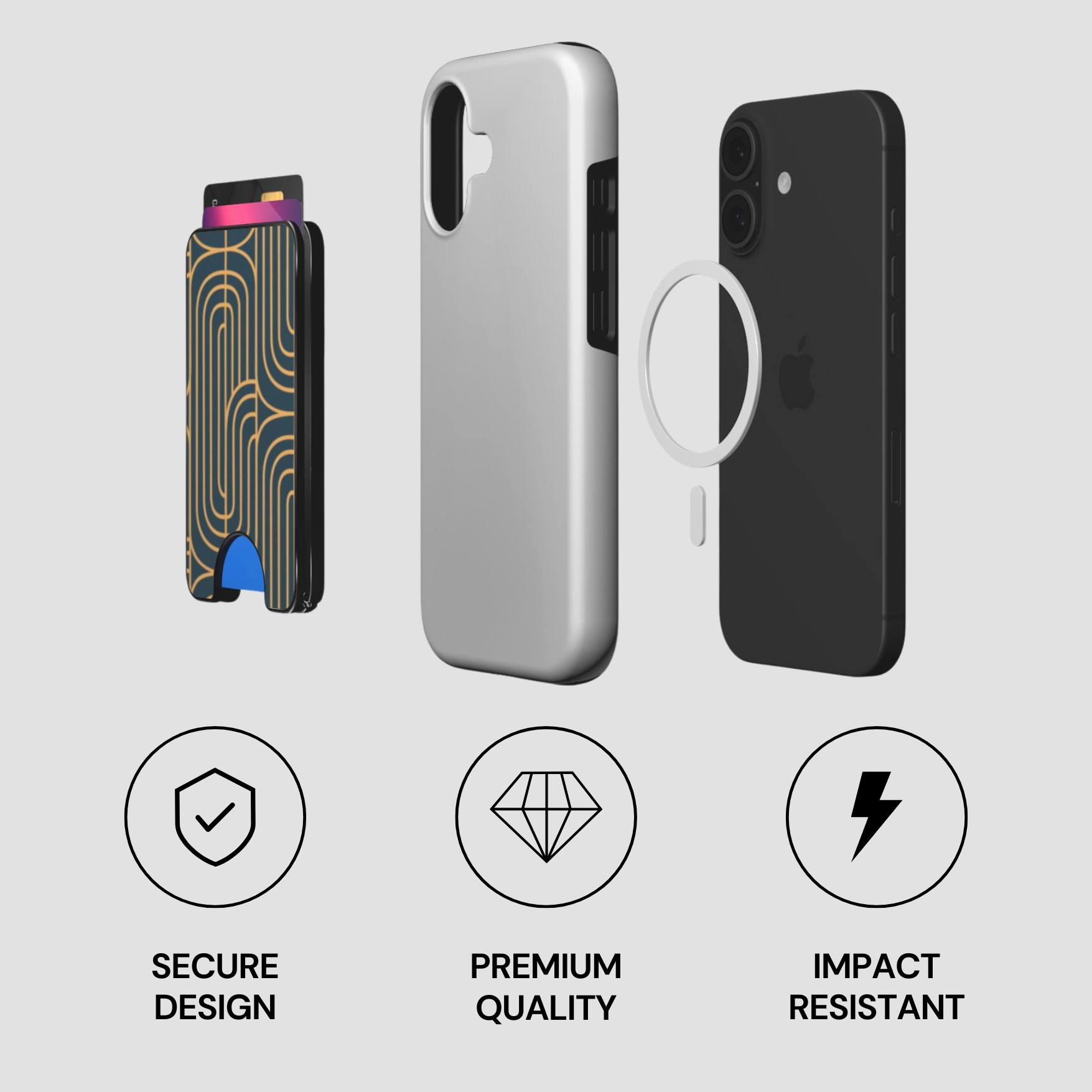 Phone cases with a cardholder on a light gray background