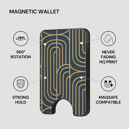 Magnetic wallet with features highlighted on a gray background